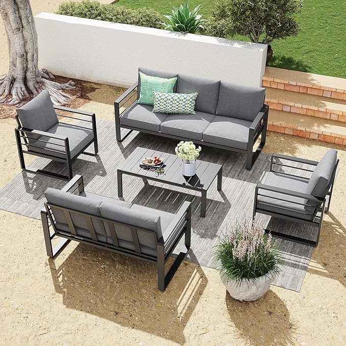 Patiorama Aluminum Patio Furniture Set, 2 PCS Outdoor Armchairs Single Sofa Couch, All Weather Dark Grey Metal Chair with Olefin Cushion, Deep Seating, 300 lbs Capacity, Deck, Garden-Grey Cushion