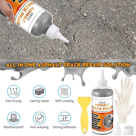 Asphalt Crack Filler Kit, 16.9 fl oz Self-Leveling Blacktop Driveway Sealant, Crack Filler for Asphalt Concrete Joint, Sidewalk, Pavement and Parking Lot, with Gloves and Scraper