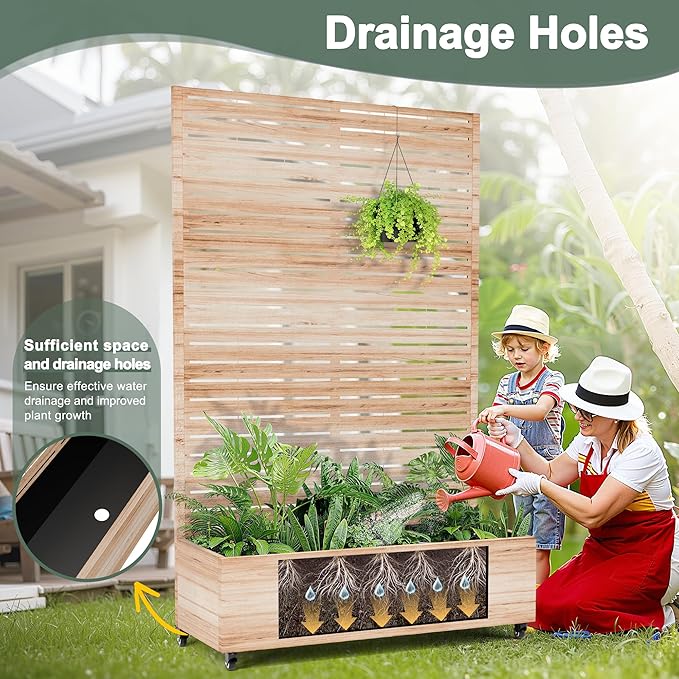 Large Metal Planter Box with Trellis and Wheels for Climbing Plants, Flower Garden Beds with Privacy Screen & Drainage Holes for Patio (47" L, Square White Wood Grain)