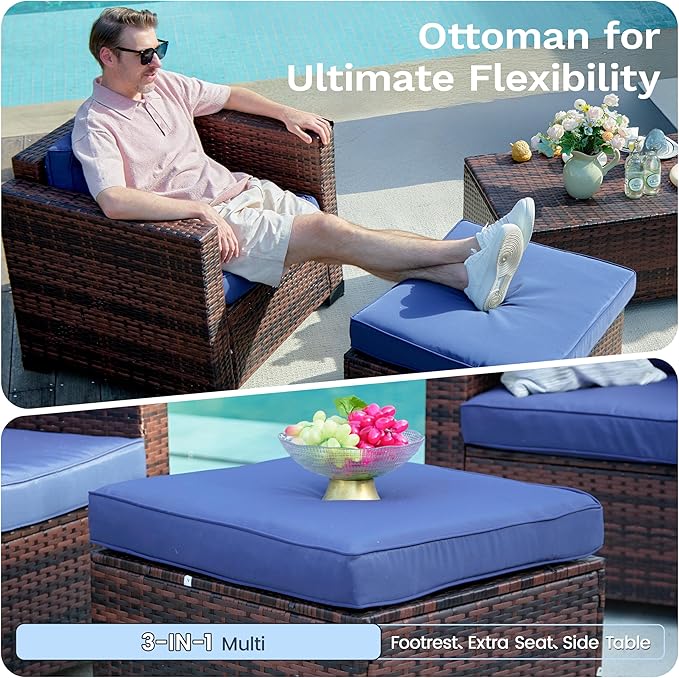 UDPATIO Patio Furniture Set, Wide Armrest Outdoor Furniture Set with 4" Non-Slip Cushions, Wicker Conversation Sofa with Ottomans and Waterprool Covers, for Backyard Porch, Navy