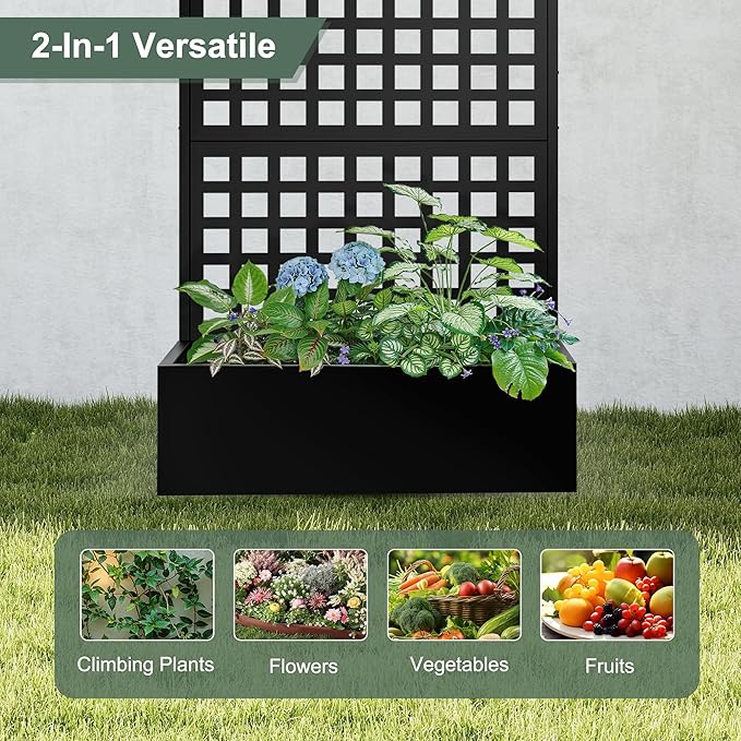 Metal Planter Box with Trellis, Raised Garden Bed for Climbing Plants，Privacy Screen with Garden Boxes，Drainage Hole for Vegetables, Flowers, Vines (35" L×16" W×71" H, Black)