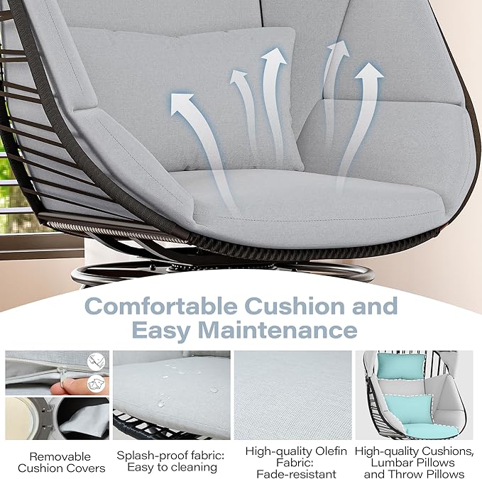 LAUSAINT HOME Oversized 360° Swivel Egg Chair with Cushion & Sunshade Brim, Indoor & Outdoor Egg Chair for Patio, Lounge, Balcony, Grey Cushion & Black Frame
