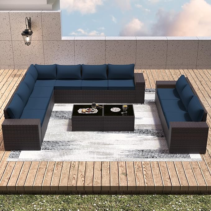 Outdoor Patio Furniture Set with Propane Fire Pit Table, 13 Pieces Outdoor Furniture Patio Sectional Sofa Conversation Sets w/ETL Approved 43" Gas Outdoor Fire Table & Coffee Table(Dark Blue)