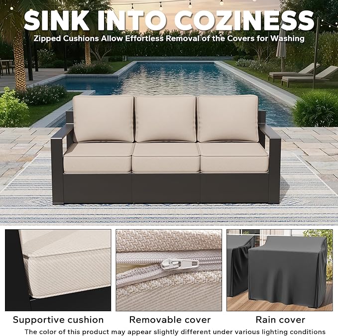 79" Aluminum Patio Sofa - All Weather Outdoor 3-Seat Sofa Couch with 6" Water-Resistant Cushions & Rectangular Framed Metal Armrest & Sofa Cover for Garden Porch (Beige)