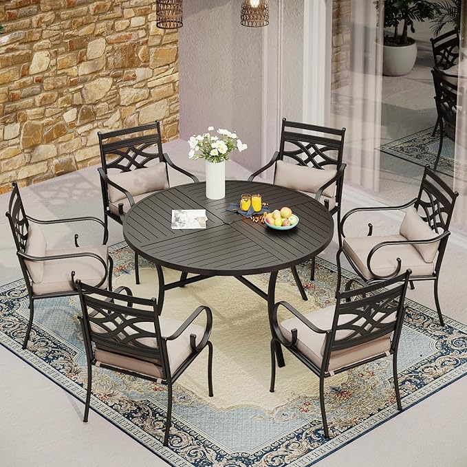 MFSTUDIO Patio Dining Sets for 6, Round Patio Table and Chairs Set, 7 Piece Outdoor Dining Set with Umbrella Hole, Outdoor Patio Furniture Set for Deck Backyard Garden