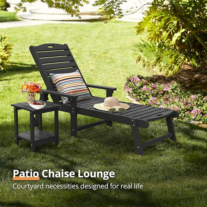 LUE BONA Outdoor Chaise Lounge Chairs Set of 4, HDPS Chaise Lounger, 5 Positions Adjustable Lounge Chairs, Pool Lounge Chair with Wheels for Poolside, 3 Year Warranty, Black