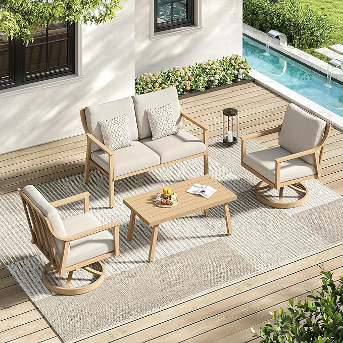 Patio Conversation Sets 4 Pieces - Aluminum Loveseat Outdoor Furniture Sets with Thick Cushion, Coffee Table and Swivel Chairs Set of 2, Rustproof and Waterproof for Porch Deck Yard, Beige