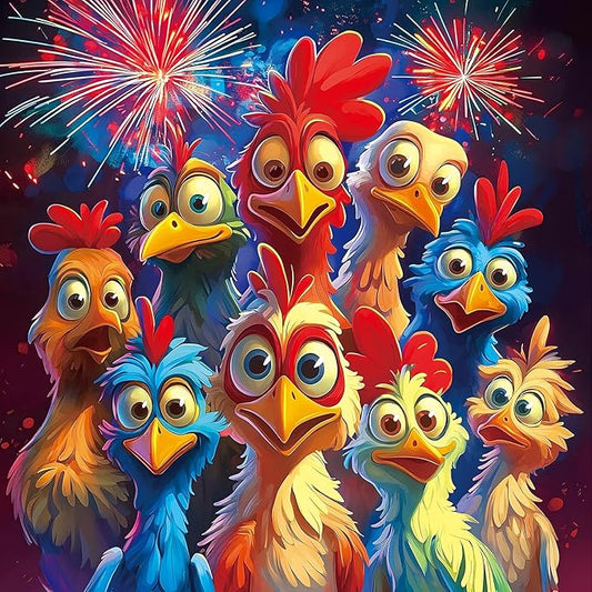 500 Piece Jigsaw Puzzle for Adults and Kids, Colorful Cartoon Chickens with Fireworks Design, Vibrant Family Puzzle Game, Fireworks Night Scene Art for Stress Relief