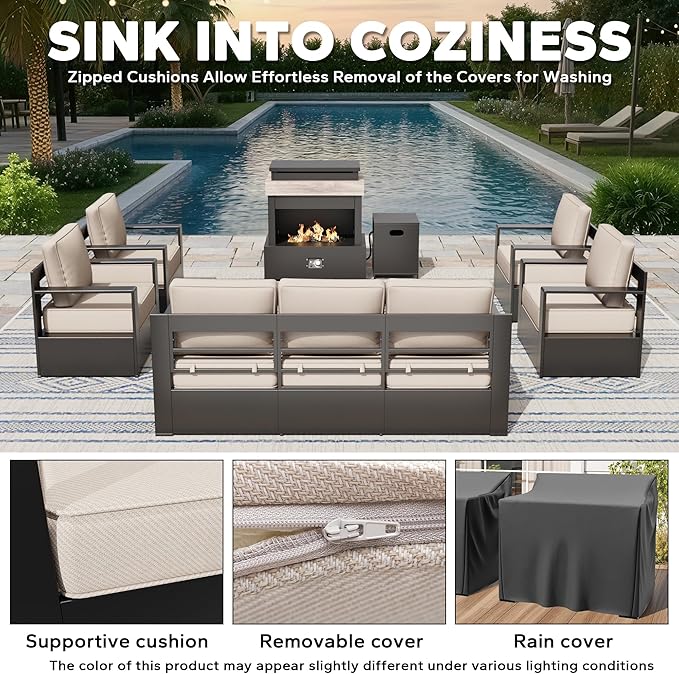 Aluminum Outdoor Conversation Furniture Set with Furniture Covers & 6" Cushions- Patio 79" Sofa with 4 Chairs & 63" Steel Propane Fireplace, 50,000 BTU Fire Pit with CSA Certified (Beige)
