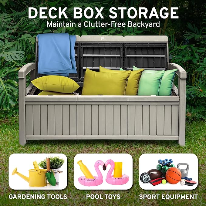 EconoHome 3 Seat Outdoor Storage Bench with Rain Cover - 90 Gallon Capacity - Weatherproof Resin Bench for Patio, Porch, Garden, Yard, Pool Area - Furniture for Pool Accessories, Gardening Tools