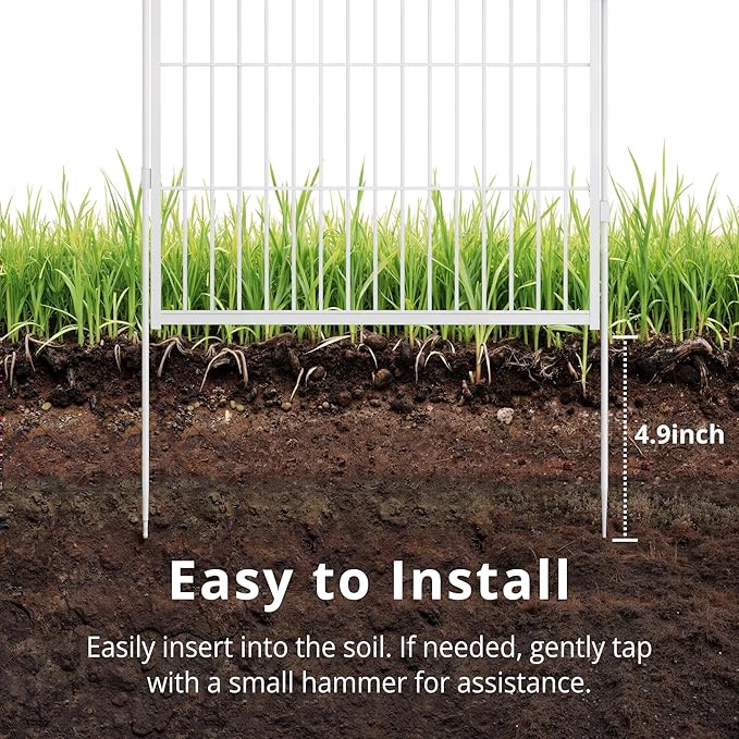 SunsGrove Garden Fence 24 in(H) x 3.7 ft(L) 2 Panels, Heavy Duty Metal Animal Barrier Fence for Dogs, Easy No-Dig Setup, Decorative Dog Fences, White