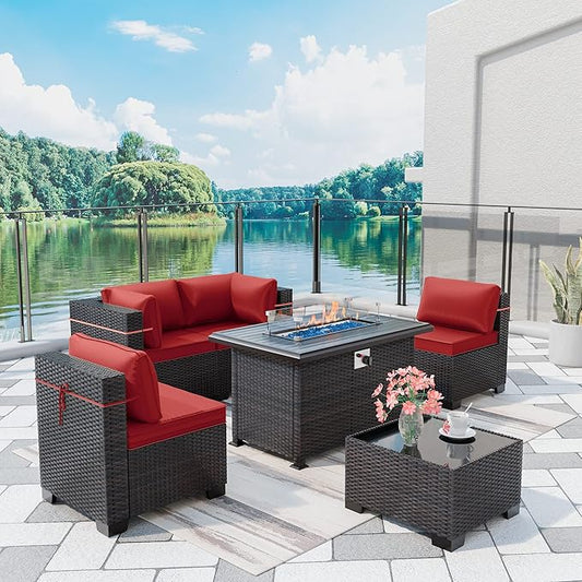 Outdoor Patio Furniture with Fire Pit Table, 6 Pieces Outdoor Furniture Patio Sectional Sofa PE Rattan Conversation Sets w/43 Propane Gas Firepit & Coffee Table for Outside (Red)