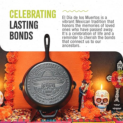 Victoria 12-Inch Day of the Dead La Calaca Cast Iron Skillet, Dia de los Muertos Seasoned Cast Iron Frying Pan with Long Handle, Made in Colombia