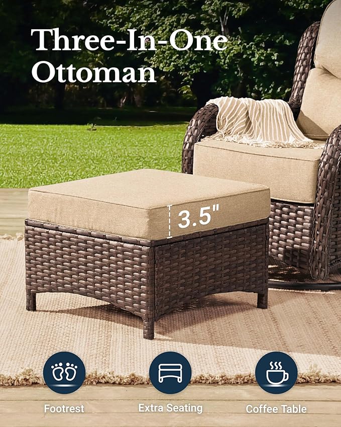 HILLGA Luxury High Back Patio Furniture Set with 6-Inch Thick Cushion, 7-Piece Outdoor Conversation Set with Sofa, Swivel Rocker Chairs & Ottomans, Ideal for Porch Pool Deck Yard (Beige)