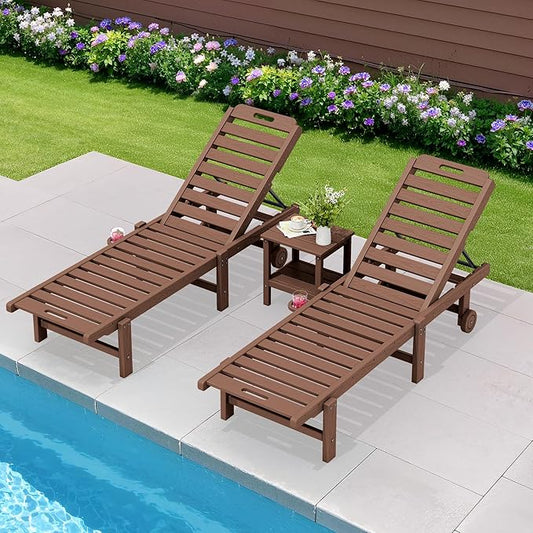 SERWALL Patio Chaise Lounge Set of 2, Outdoor Lounge Chair with 5 Positions Adjustable Backrest, HDPE Lounger with Rolling Wheels & Cup Holder for Poolside, Beach, Garden, Brown