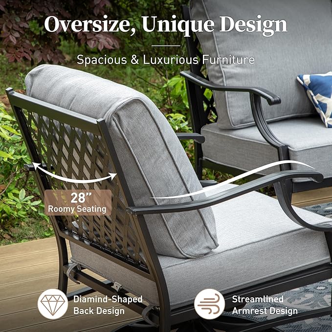 6 Piece Metal Outdoor Patio Furniture Set, Patio Conversation Sets 1 3-Seater Sofa, 4 Fixed Chairs with 5.75" Thick Cushion and Coffee Table, Backyard Furniture Set for Deck, Gray