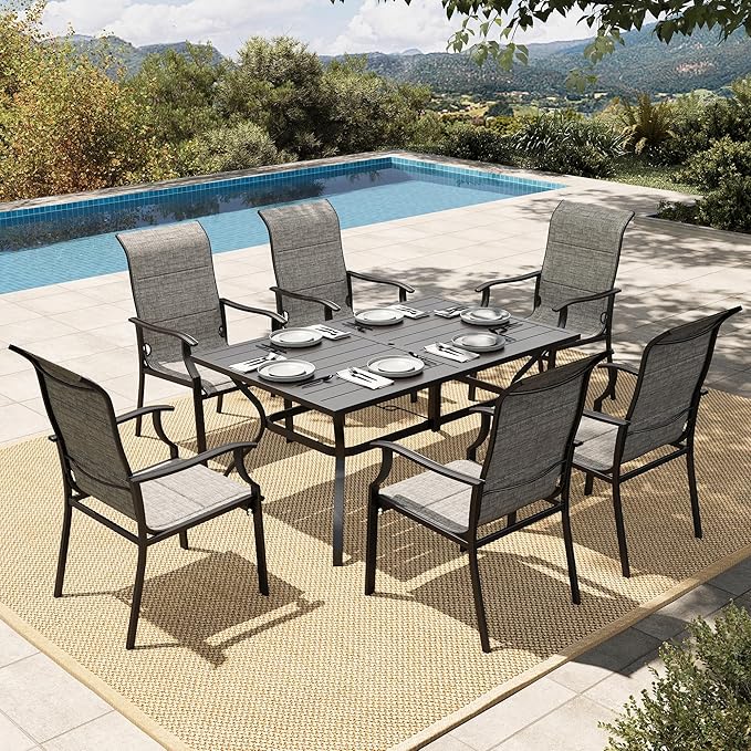 HERA'S HOUSE 7 PCS Patio Dining Set Outdoor Table Chairs, 6 All Weather Textilene High Back Padded Dining Chairs and 60" Large Metal Table with Double Umbrella Hole for Lawn Garden