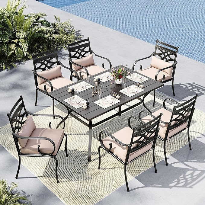 MFSTUDIO Patio Table and Chairs Set of 6, Patio Dining Sets for 6 Persons, Outdoor Dining Set with Umbrella Hole,Patio Furniture Set for Deck Backyard Garden