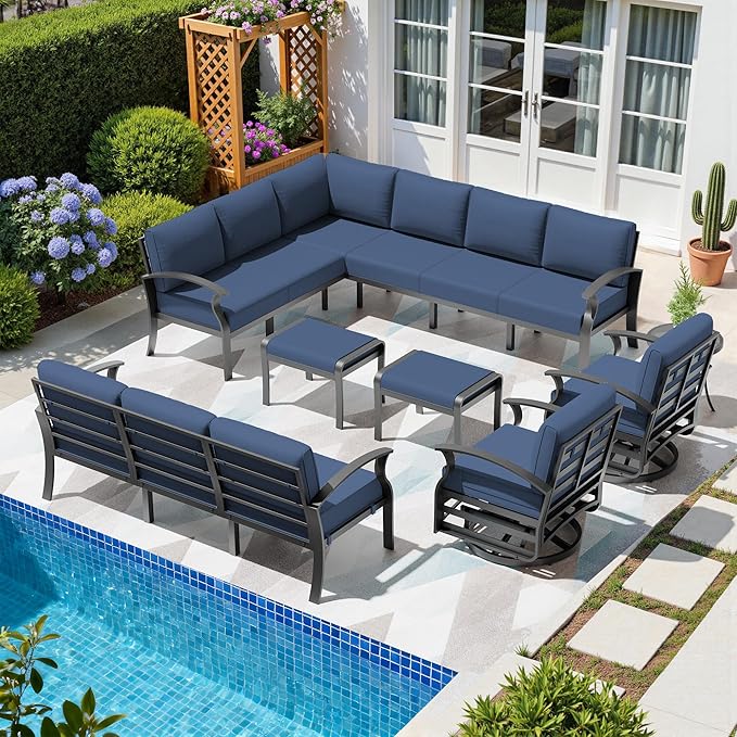 13-seat Aluminum Patio Furniture Set, L-Shaped Sectional Sofa with 2 Swivel Chairs, 5.1" Cushions, High Backrest & 2 Footstools, Durable Outdoor Patio Furniture Set, Backyard, Poolside - Blue