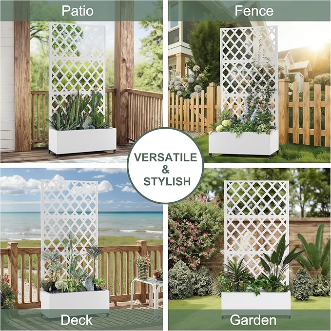 Metal Large Garden Bed with Trellis & Wheels, Planter Box with Privacy Screen for Climbing Plants, Privacy Planters for Patio, 35" L Garden Boxes with Drainage Holes (White Diamond)