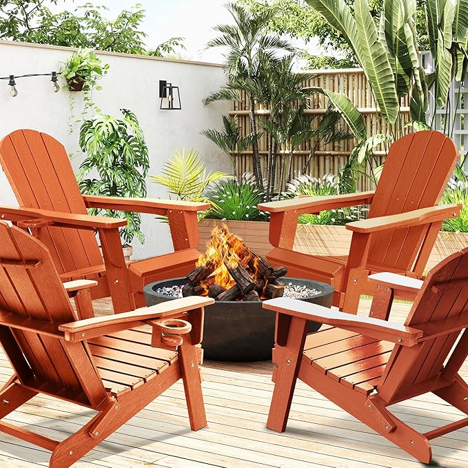 LOUNZY Folding Adirondack Chair Set of 4, HDPE All-Weather Folding Adirondack Chair with Cup Holders, Outdoor Patio Adirondack Chair for Deck Lawn Fire Pit, Orange