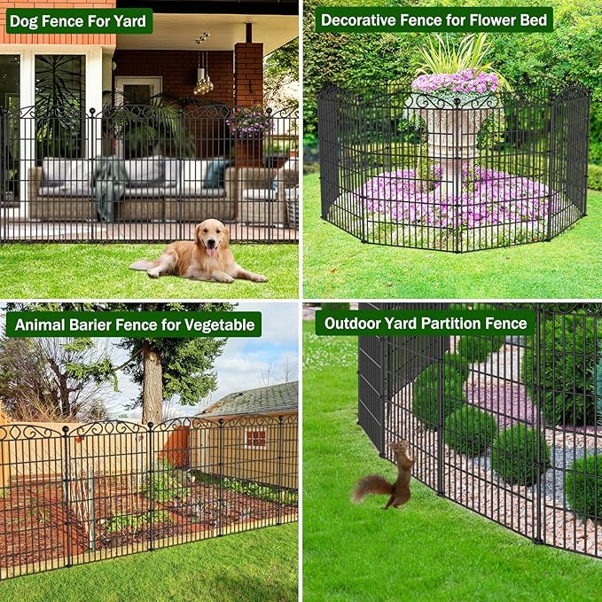 12 Panel No Dig Decorative Garden Fence - 42in H x 25.55ft L, Tall Animal Barrier for Dogs Rabbits, Rustproof Metal Wire Panels for Yard, Patio, and Outdoor Border Use