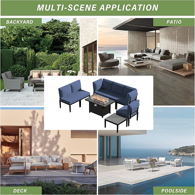 Patio Furniture Set,8 Pieces Modern Outdoor Conversation Set w/43in Gas Fire Pit Table, Outdoor Metal Sectional Sofa with 55000 BTU Propane Fire Pit.