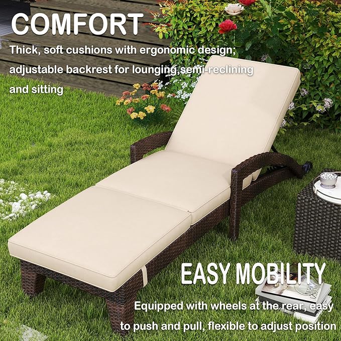 Patio Chaise Lounge Set of 6, Wicker Lounge Chairs Outdoor with Wheels, Heavy Duty Lounger Chair Outdoor, Wicker Chaise Lounges with Armrests All Weather, Khaki
