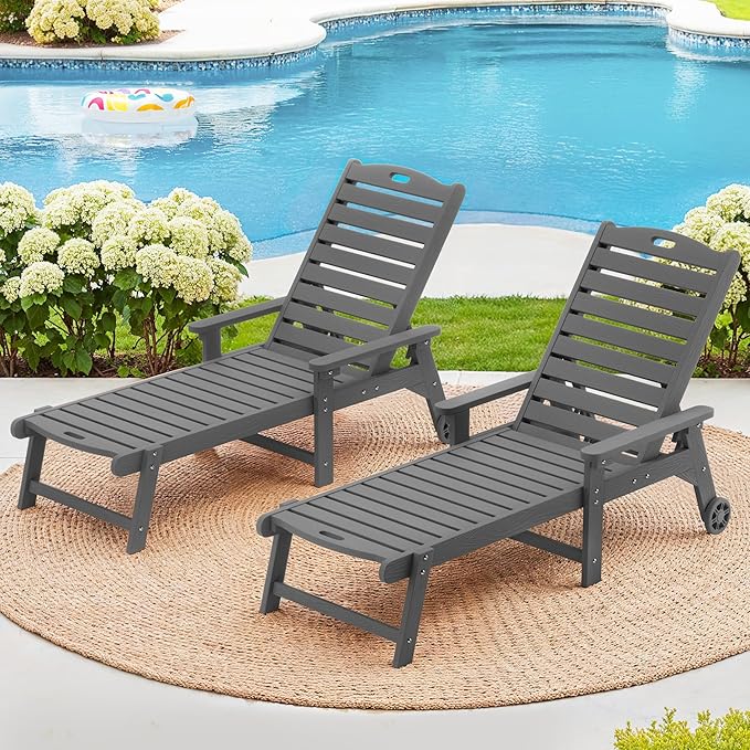 LUE BONA Outdoor Chaise Lounge Chairs Set of 2, HDPS Chaise Lounger, 5 Positions Adjustable Lounge Chairs, Pool Lounge Chair with Wheels for Poolside, Hotel, Restaurant, 3 Year Warranty, Dark Gray