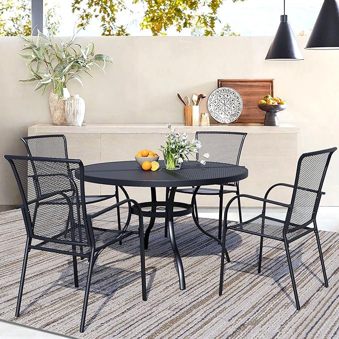 5 Piece Outdoor Dining Set, Patio Dining Set for 4, 42" Mesh Round Table with 4 Black Metal Mesh Outdoor Dining Chairs with Armrest for Lawn, Garden, or Porch