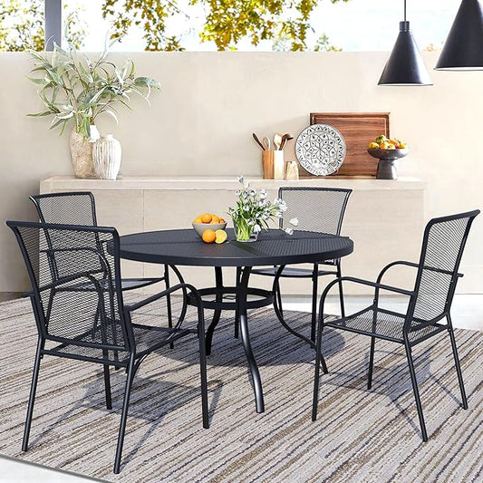 5 Piece Outdoor Dining Set, Patio Dining Set for 4, 42" Mesh Round Table with 4 Black Metal Mesh Outdoor Dining Chairs with Armrest for Lawn, Garden, or Porch