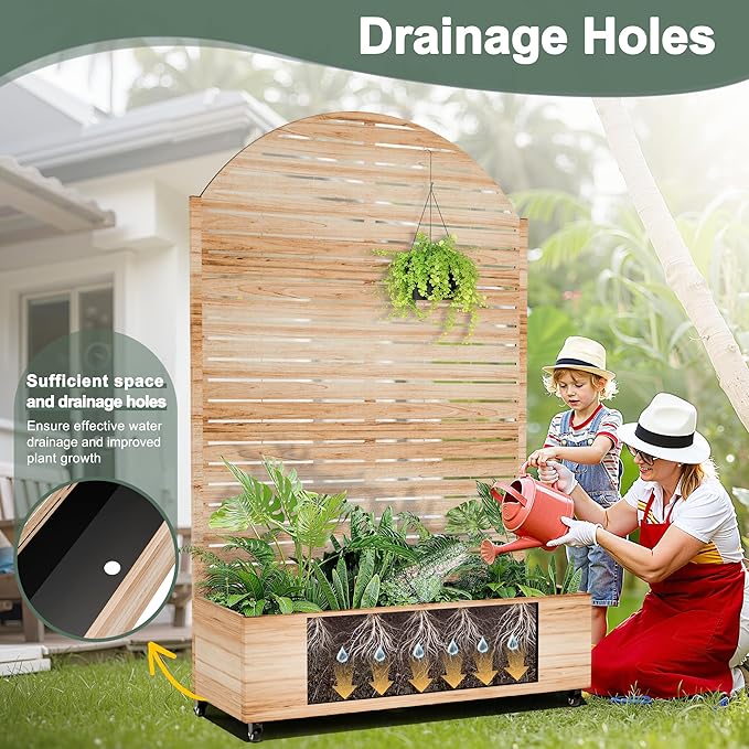 Metal Planter Box with Trellis for Climbing Plants, Privacy Planter with Trellis, Standing Planters Boxes with Privacy Screen, Drainage Holes (47" L, Arch White Wood Grain)