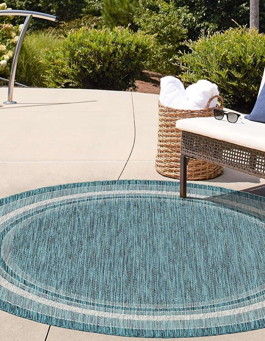 Unique Loom Outdoor Border Collection Area Rug - Soft Border (3' 1" Round, Teal/ Ivory)