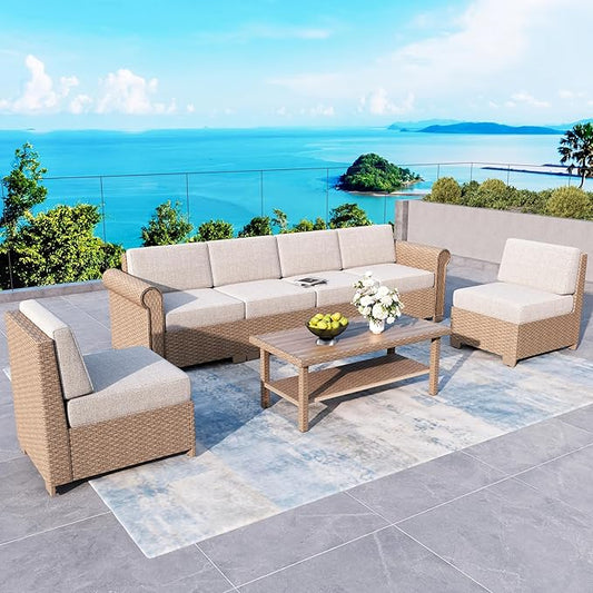 Patio Furniture Set 7 Piece, Wicker Rattan Sectional Sofa Couch with 5.5" Thick Waterproof Cushions and Coffee Table, All weather Modular Outdoor Conversation Set for Lawn Backyard and Deck, Beige