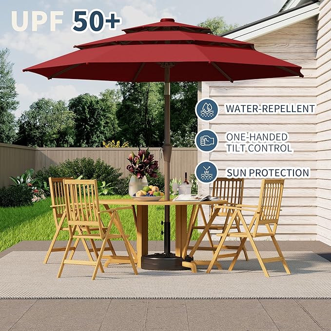 9FT 3 Tiers Patio Umbrella With Auto Tilt and Crank, Outdoor Table Market Umbrella with 8 Sturdy Ribs for Garden,Lawn,Deck,Backyard and Pool,Red