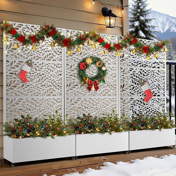 FENCY Metal Raised Garden Bed with Wheels and Trellis,73"x35"x16" Planter Box for Climbing Plants, Vegetables & Vines, Features Privacy Screen and Drainage Holes (White-Leaf)