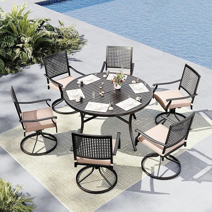 MFSTUDIO Round Patio Dining Set for 6, Outdoor Furniture Set with 54" Round Table and 6 Swivel Chairs Set for Deck, Backyard, Lawn, Garden