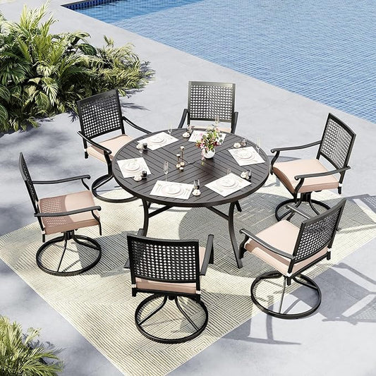 MFSTUDIO Round Patio Dining Set for 6, Outdoor Furniture Set with 54" Round Table and 6 Swivel Chairs Set for Deck, Backyard, Lawn, Garden