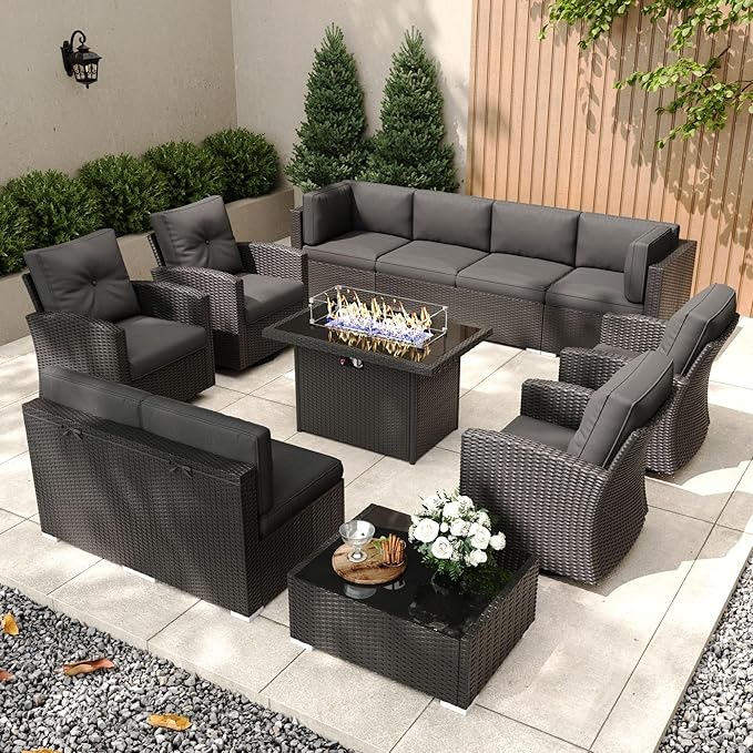 Patio Furniture Set with Fire Pit Table, 12 Pieces Outdoor All-Weather Wicker Conversation Sectional Chair Sofa Set with 4 Swivel Chairs