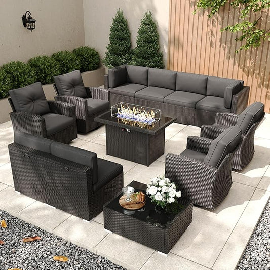 Patio Furniture Set with Fire Pit Table, 12 Pieces Outdoor All-Weather Wicker Conversation Sectional Chair Sofa Set with 4 Swivel Chairs