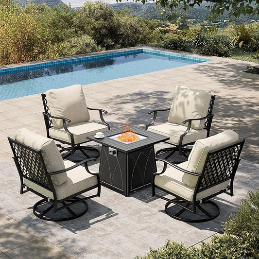 HERA'S HOUSE 5 Pieces Fire Pit Patio Furniture Set, 4 x Thick Cushioned Swivel Chairs with 28" Fire Pit Table (50,000 BTU), Outdoor Conversation Set for Garden, Backyard, Lawn