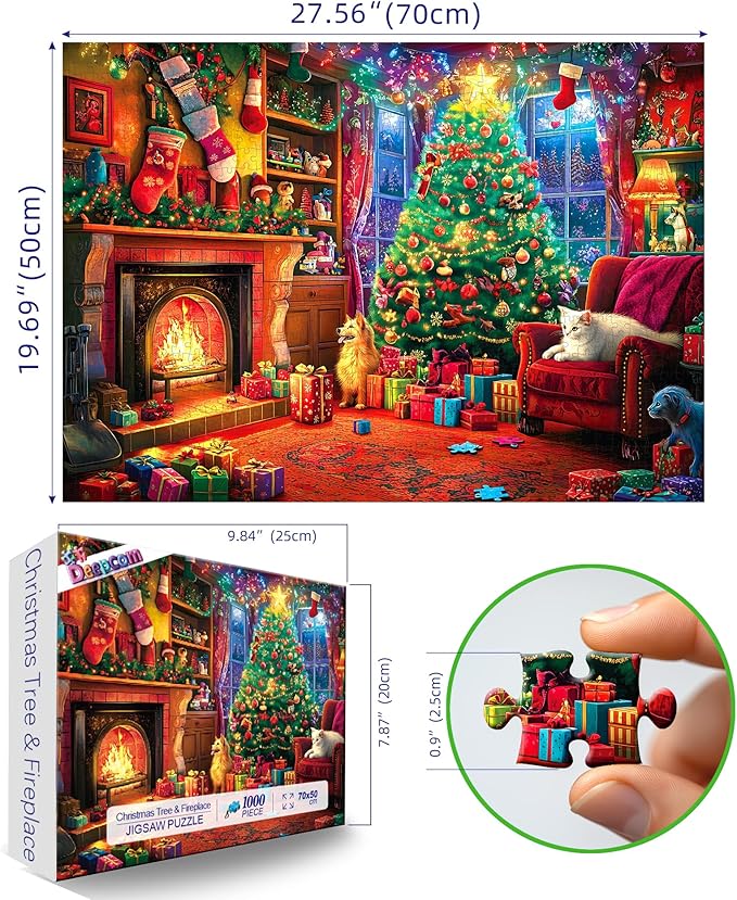 Christmas Cozy Scene 1000 Piece Jigsaw Puzzle for Adults - Festive Holiday Puzzle with Fireplace, Christmas Tree & Pets, Premium Quality for Relaxing & Gifting