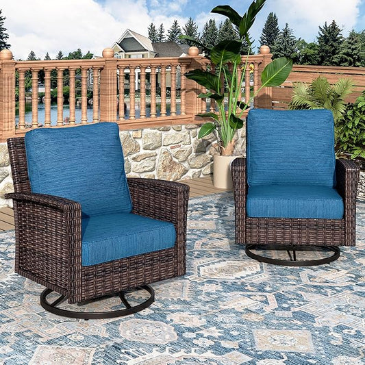 Swivel Patio Wicker Chairs Set of 2, Outdoor Swivel Patio Rattan Chairs with High Back and 5.5" Thick Cushions for Bistro Balcony Porch Deck and Yard, Peacock Blue