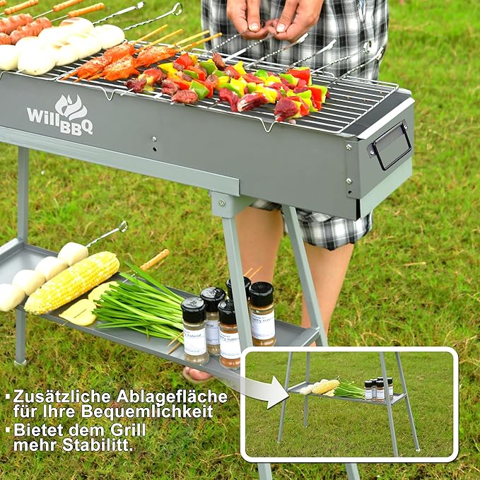 WILLBBQ Charcoal Grills Commercial Quality Portable Hibachi BBQ Lamb Skewer Folded Camping Barbecue Grill for Backyard Outdoor Cooking Use(39.4x7.1x5.1 inch) - The Perfect Gifts for Grill Lovers