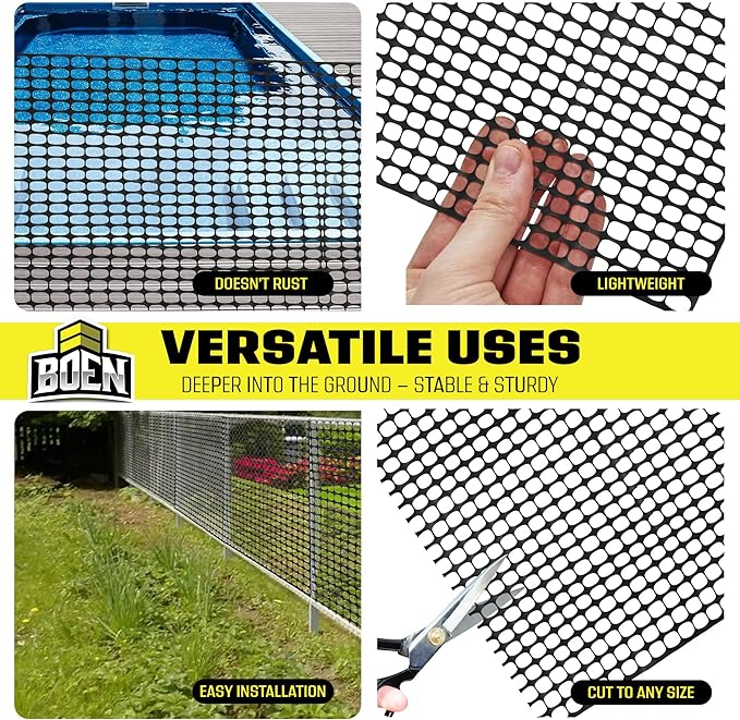 BOEN 4' x 50' Black Temporary Fencing, Mesh Snow Fence, Plastic, Safety Garden Netting, Above Ground Barrier, for Deer, Kids, Swimming Pool, Silt, Lawn, Rabbits, Poultry, Dogs