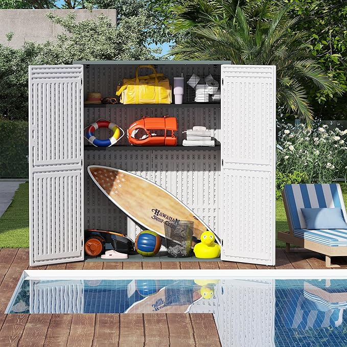 Vertical Resin Storage Shed, 60 Cuft Garden Tool Sheds & Outdoor Storage, Plastic Outdoor Storage Cabinet Waterproof, 4.5 x 2.3 ft Backyard Outside Lawn Mower Storage Shed, Light Grey