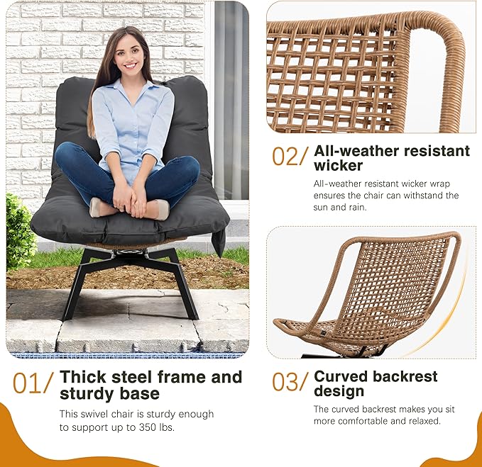 Shintenchi Outdoor Wicker Swivel Chair,Nature Rattan Patio Rotating Chair with Cushion,360° Rotation Patio Lounge Chairs for Living Room Bedroom Backyard Balcony(Grey Cushion)