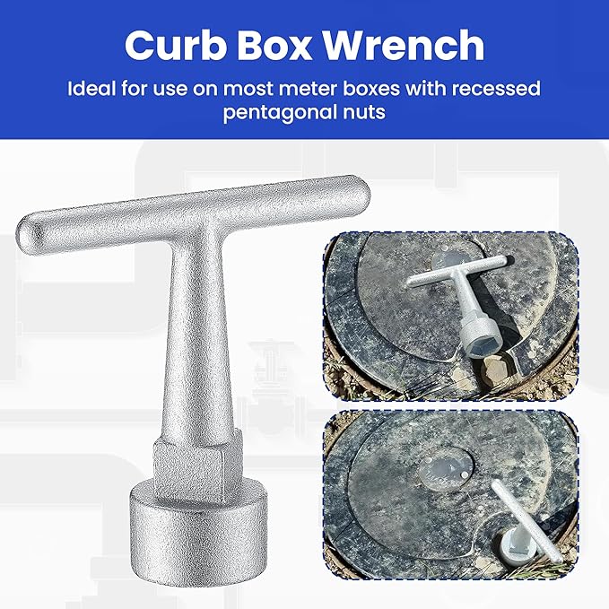 Enhon Curb Box Wrench for Pentagon Curb Boxes, Water Meter Wrench for Penta Socket, T Handle Penta Tool, Water Valve Shut Off Tool(1 Pack,Silver)