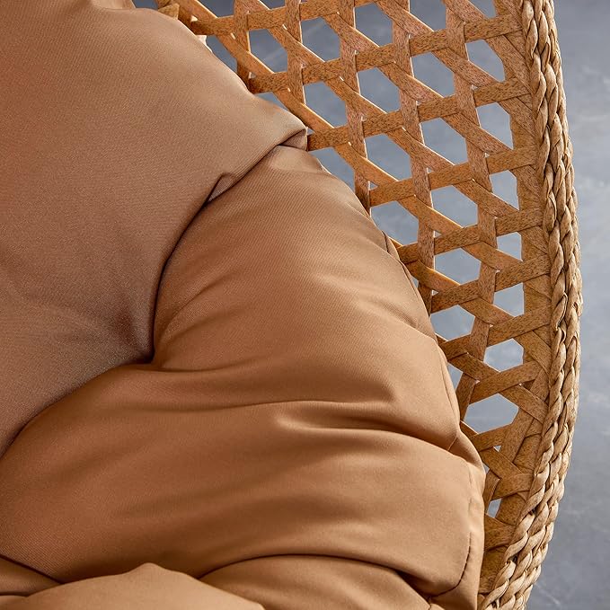 Egg Swing Chair Outdoor with Stand, Hanging Egg Rattan Basket Chair with Cushion and Pillow, Lounge Chairs, Foldable Basket and Metal Stand for Porch, Patio, Bedroom, Balcony,Yard (Khaki)