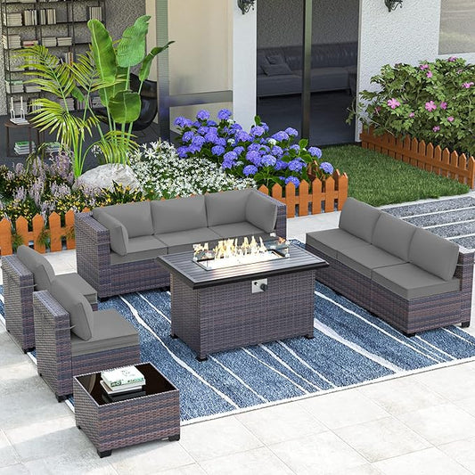 Outdoor Patio Furniture Set with Fire Pit Table, 10 Pieces Outdoor Furniture Set Patio Sectional Sofa w/43in Propane Fire Pit, PE Wicker Rattan Patio Conversation Sets - Grey.